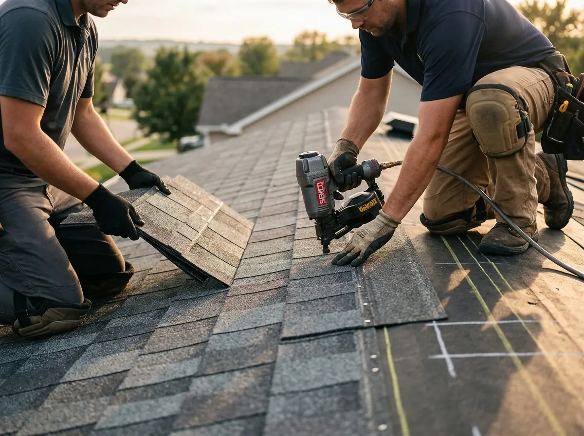 Professional roofer working on a residential roof in Grand Terrace